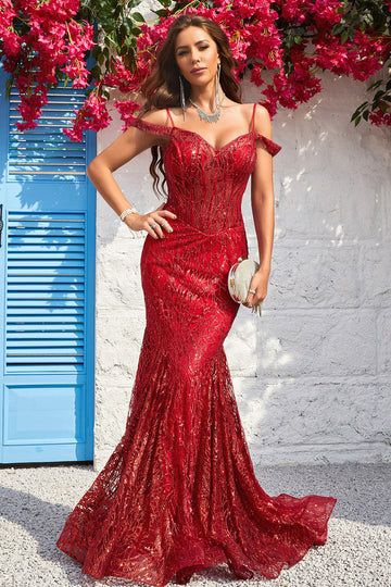 Mermaid Off the Shoulder Burgundy Corset Formal Dress with Bronzing